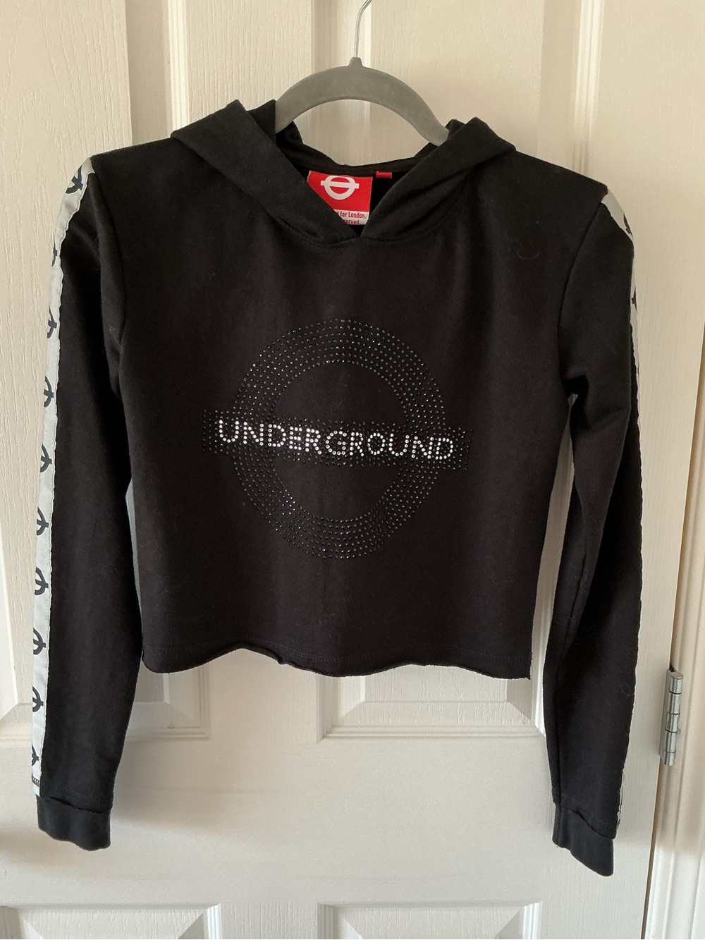 London Underground Hooded Crop Sweatshirt with White Stripe Logo Sleeve Detail